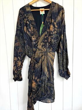 NWT FARM Rio Women's Golden Foliage Black Mini Puffy Sleeve Wrap Dress Size XL